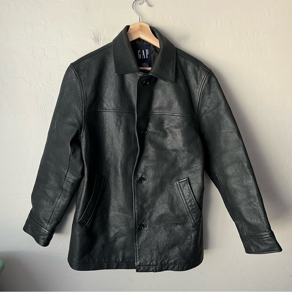 Gap Vintage 90s Y2K Lined Leather Button Up Coat - Picture 2 of 7